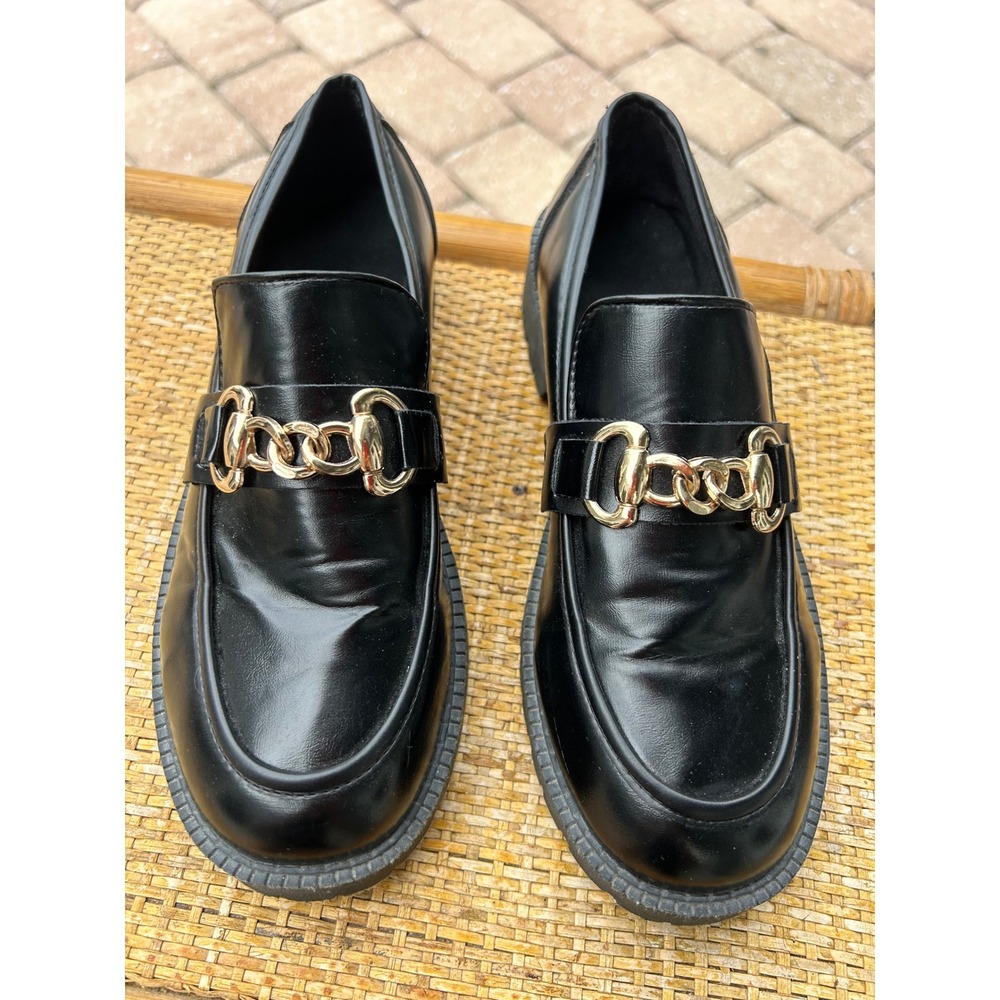Black Chunky Lug Sole Loafers Gold Chain Link Slip On Shoes Womens Size 9 260